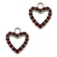 Metalen bedel open Hartje met strass - Antiek zilver wine red